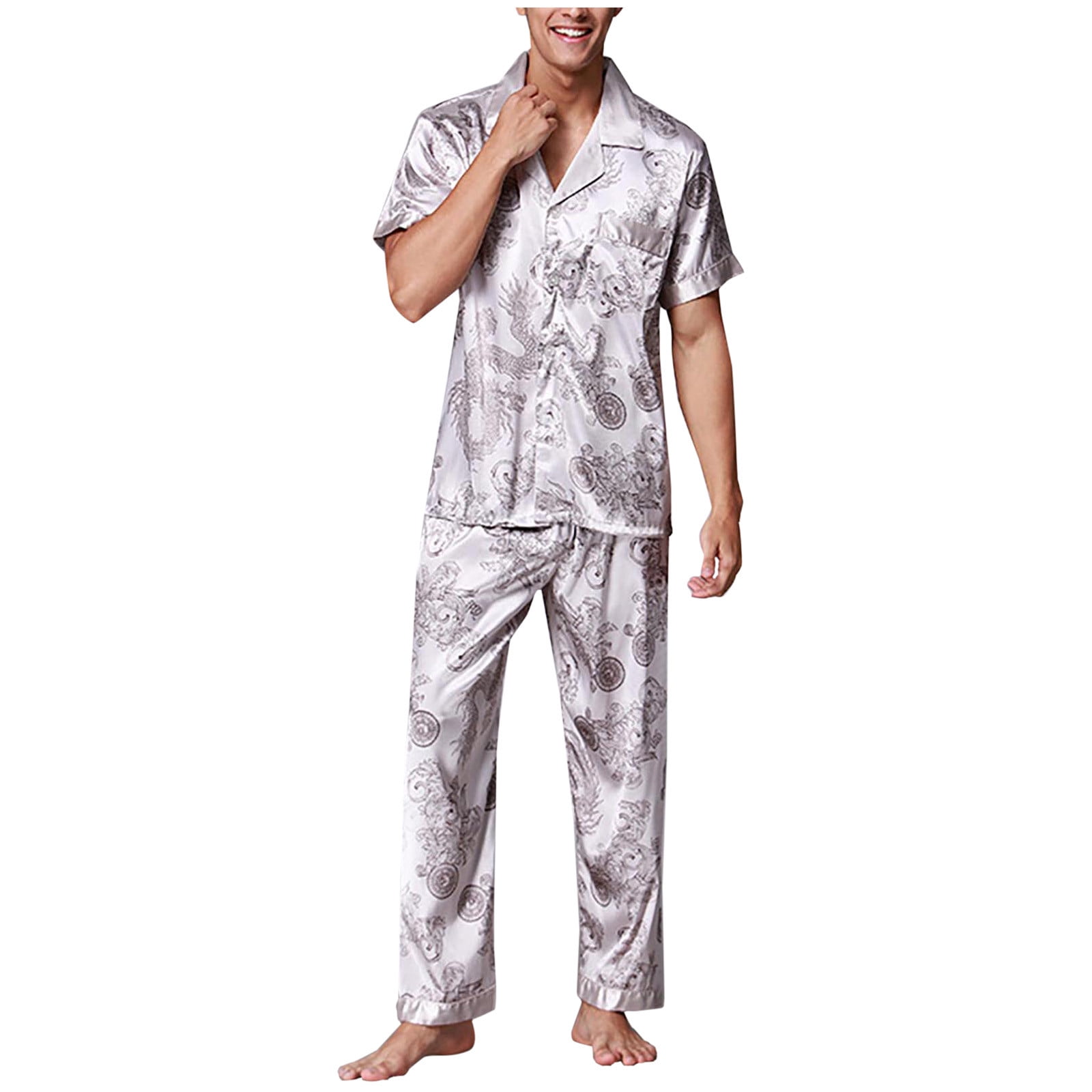 Augper Mens Silk Pajama Set, Short Sleeve Pjs Sets Sleepwear Button ...