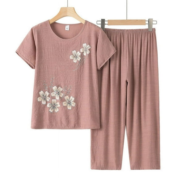 Augper Tops for Women Trendy Summer Cotton Linen Two Piece Set Short Sleeve Round Neck Printed Tops Pants Set