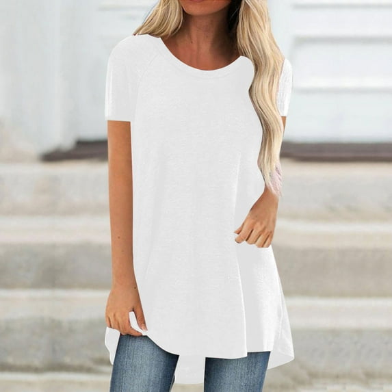 Augper Tops for Women Trendy Summer Solid Round Neck Loose Short Sleeve Tops T-shirt Blouse