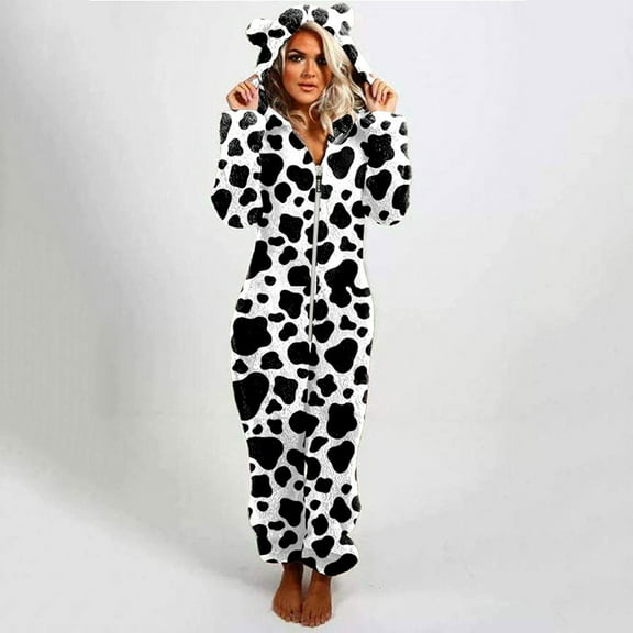 Augper Unisex Adult Leopard Onesie Hoody Pajamas Zipper Up Long Sleeve Plush Jumpsuit