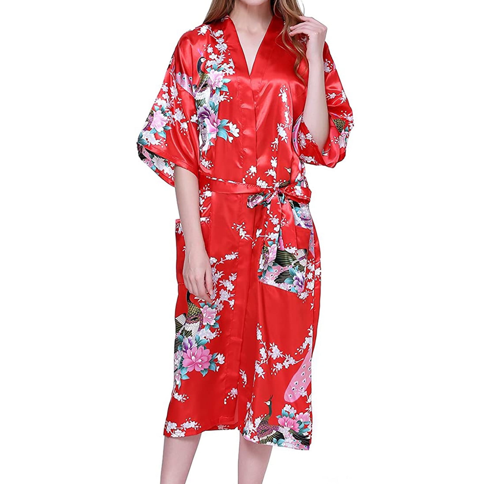 Augper Women Bathrobes Peacock Kimono Long Dressing Gown Japanese Robe Dress