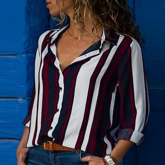 Herunwer Women Casual Cuffed Long Sleeve V-Neck Button Up Striped Shirt Blouse Tops