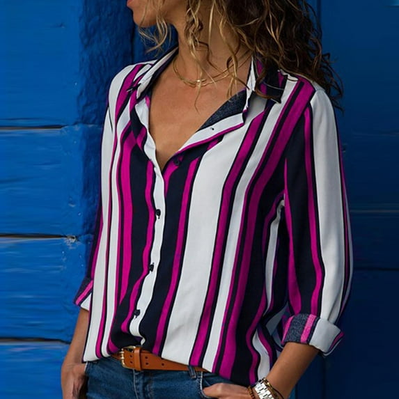 Herunwer Women Casual Cuffed Long Sleeve V-Neck Button Up Striped Shirt Blouse Tops