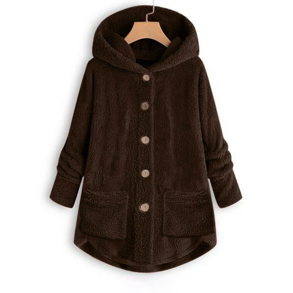 Augper Women Plus Size Button Plush Tops Hooded Loose Cardigan Wool Coat Winter Jacket