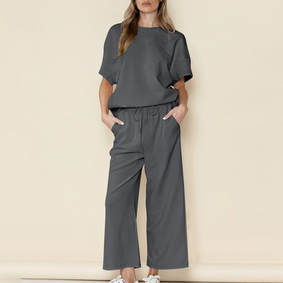 Augper Women'S Loose Solid Color Leisure Set Texture Drawstring Sports Set