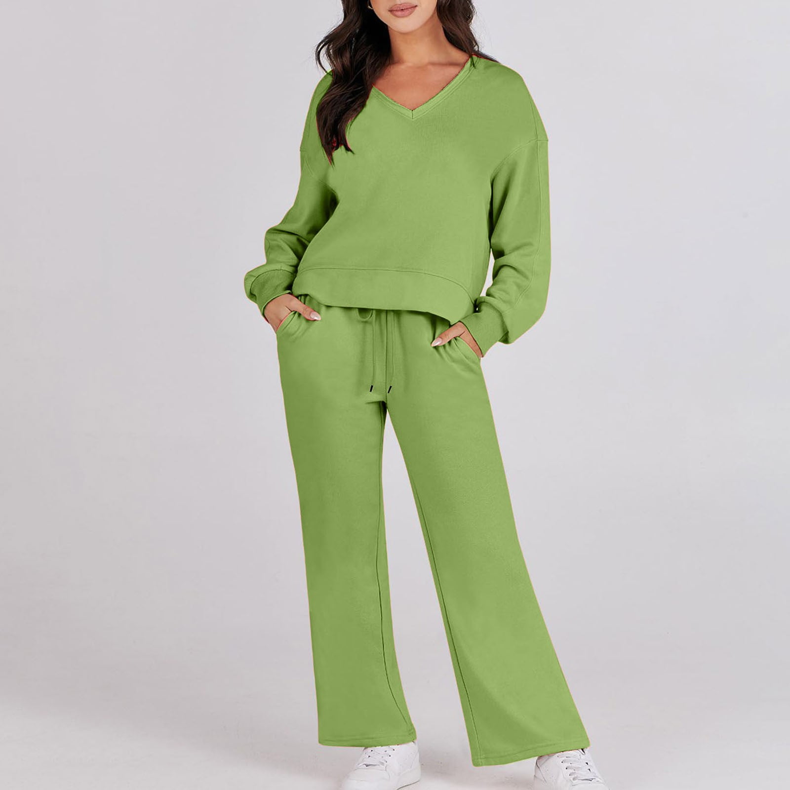 Augper Women's 2 Piece Outfits Casual V Neck Wide Leg Sweater Lounge