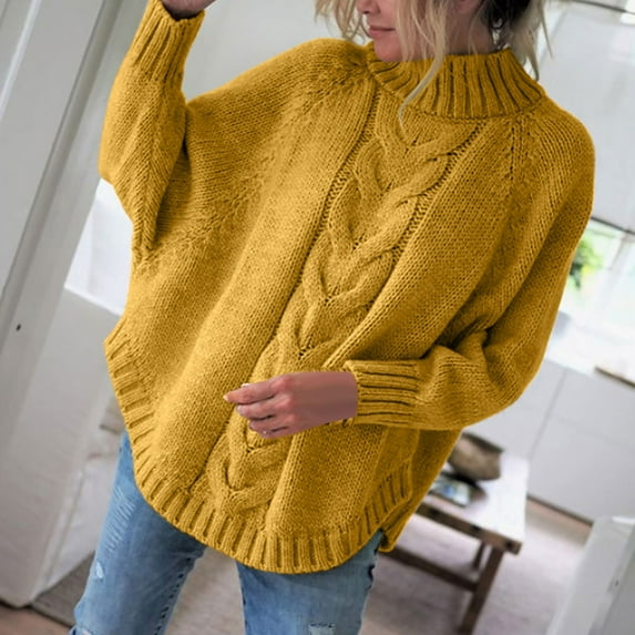 Augper Women's And Winter New Loose Doll Sleeve Knit Sweater Solid Color Half Turtleneck Sweater