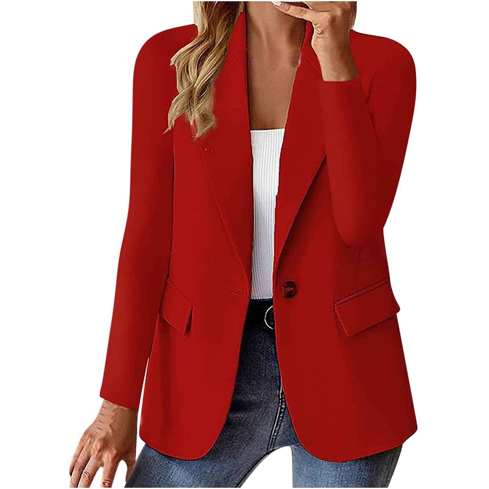 Augper Women's Casual Blazers Open Front Lapel Button Long Sleeve