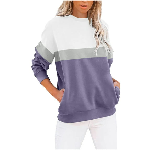 Augper Women's Color Block Tops Casual Long Sleeve Tunic Round Neck Pullover Shirts