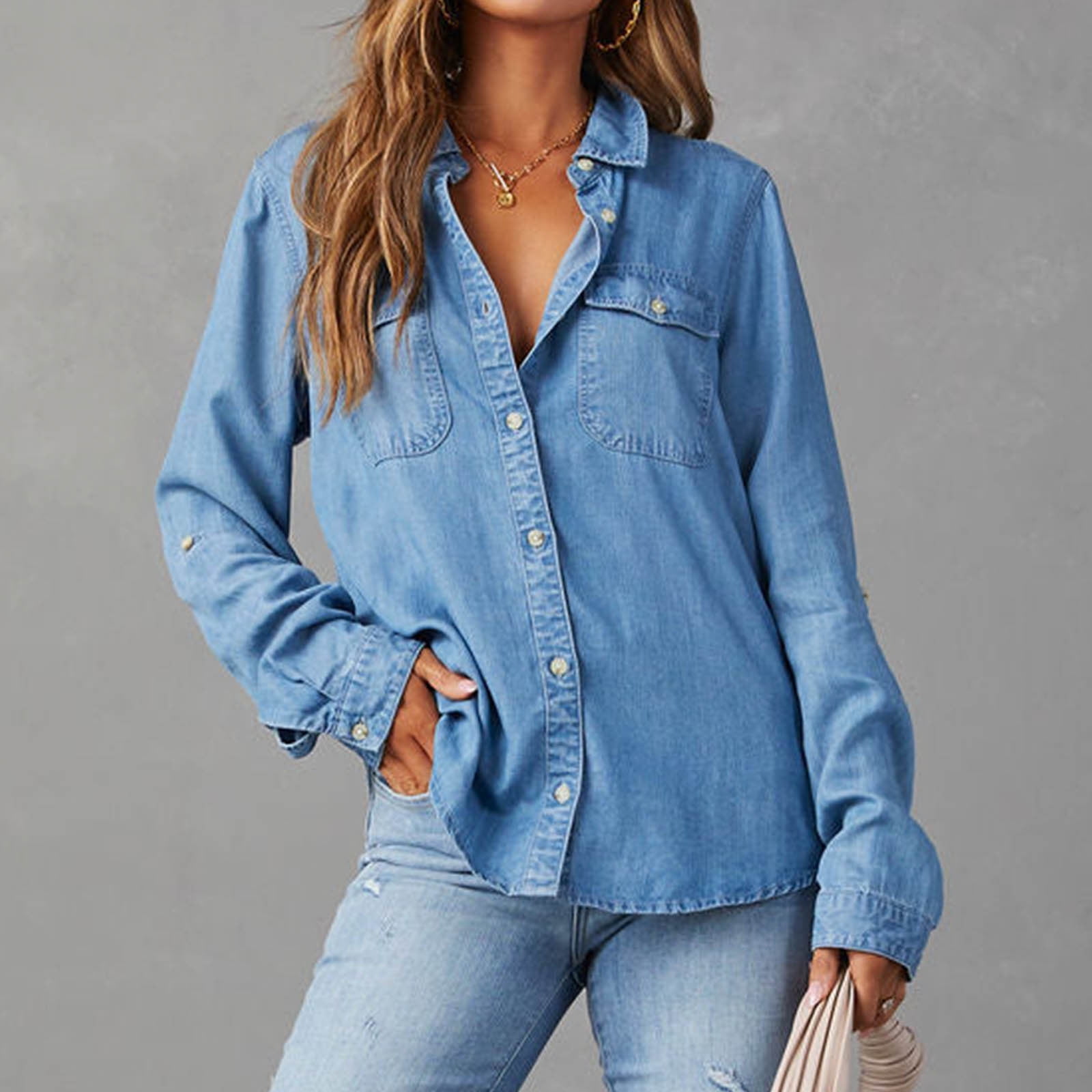 売れ筋商品|||ニューヨークコレクション カットソー トップス レディース Petite Long Sleeve Chambray Blouse Dark Denim Old Navy Womens Small Long Sleeve Denim Chambray Button Up