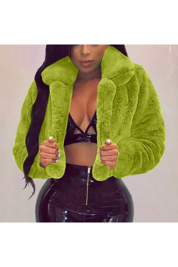 Women's Fashion Casual Coat Fluffy Fleece Turn-Down Collar Faux Fur Top Short Loose Jacket