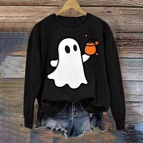 Augper Women s Halloween Sweatshirt Cute Ghost Graphic Pullover Tops Funny Novelty Pumpkin Print Crewneck Sweatshirts Size Small