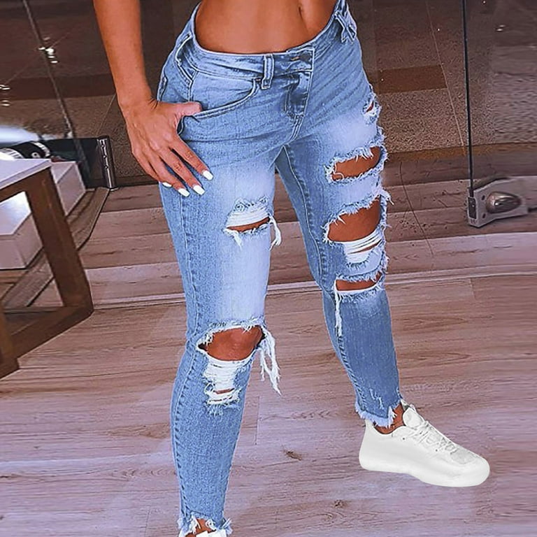 Super High Waisted Distressed Frayed Flare Jeans with Cut Outs