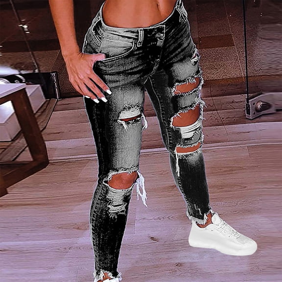 Augper Women's High Waisted Ripped Raw Hem Skinny Jeans Distressed Cut Out Pants