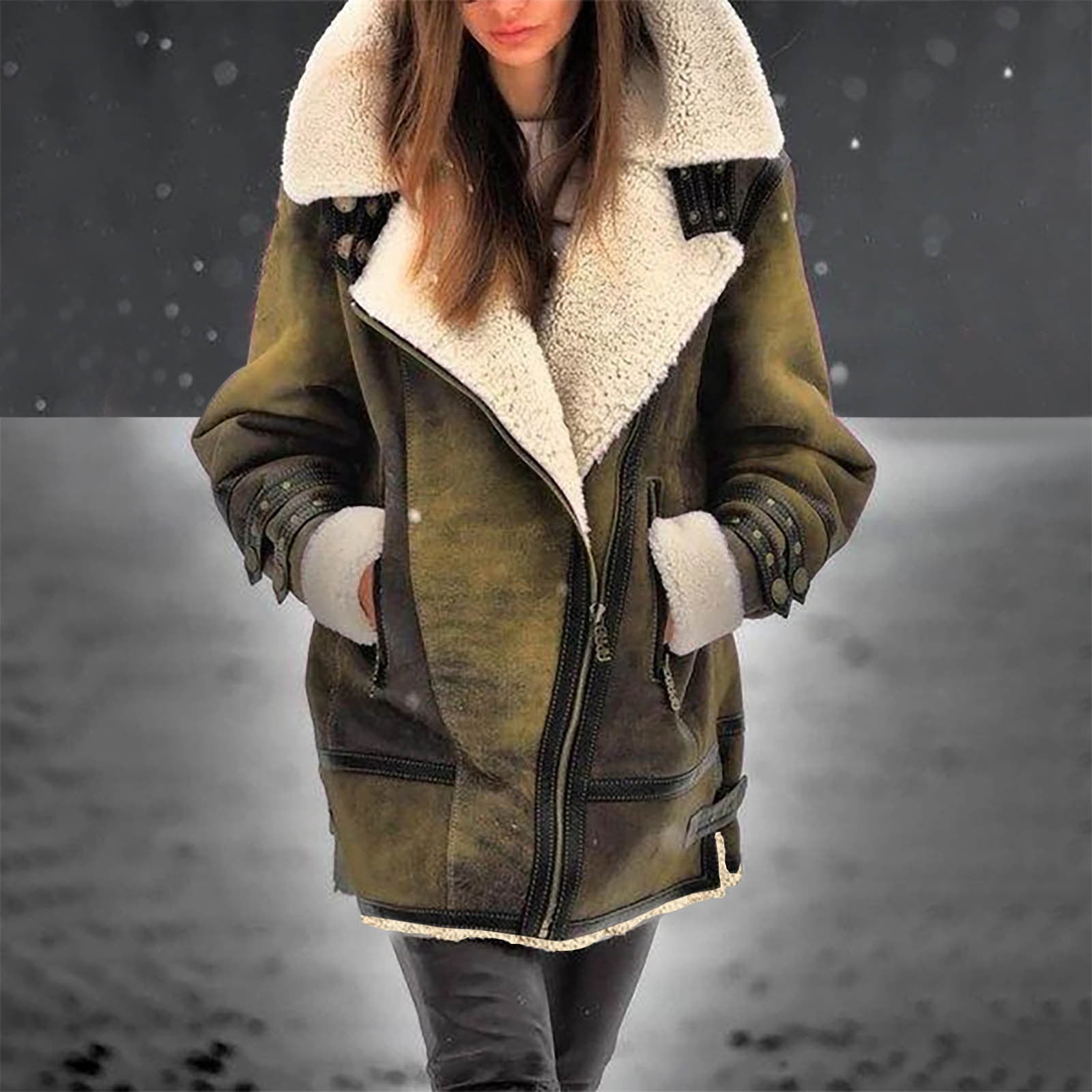 Augper Women's Pea Coat Faux Suede Mid-length Jacket Zip Up