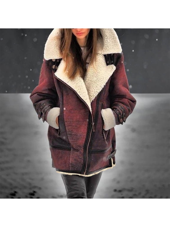 Women's Pea Coat Faux Suede Mid-length Jacket Zip Up Winter Warm Overcoat with Detachable Fur Collar