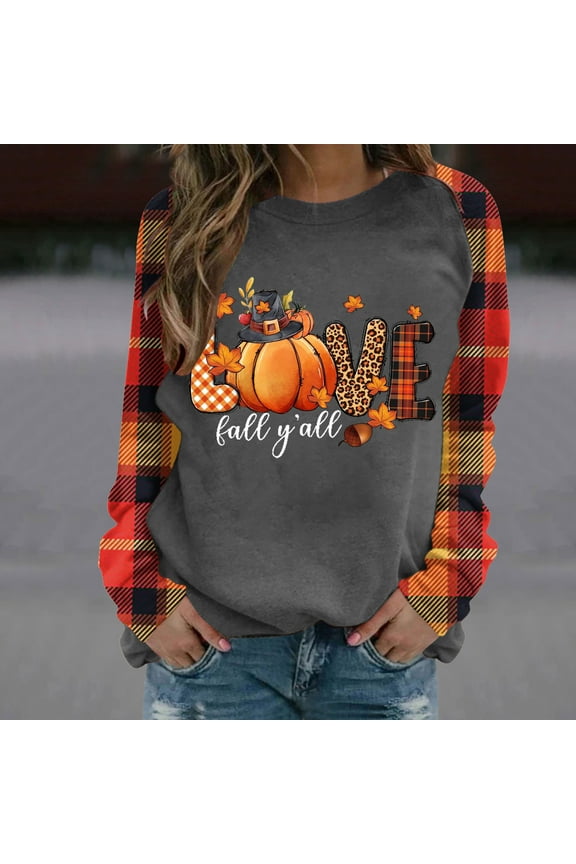Women's Pumpkin Printed Round Neck Grid Sleeves Long Sleeved Top Loose Fall Sweater Clearance