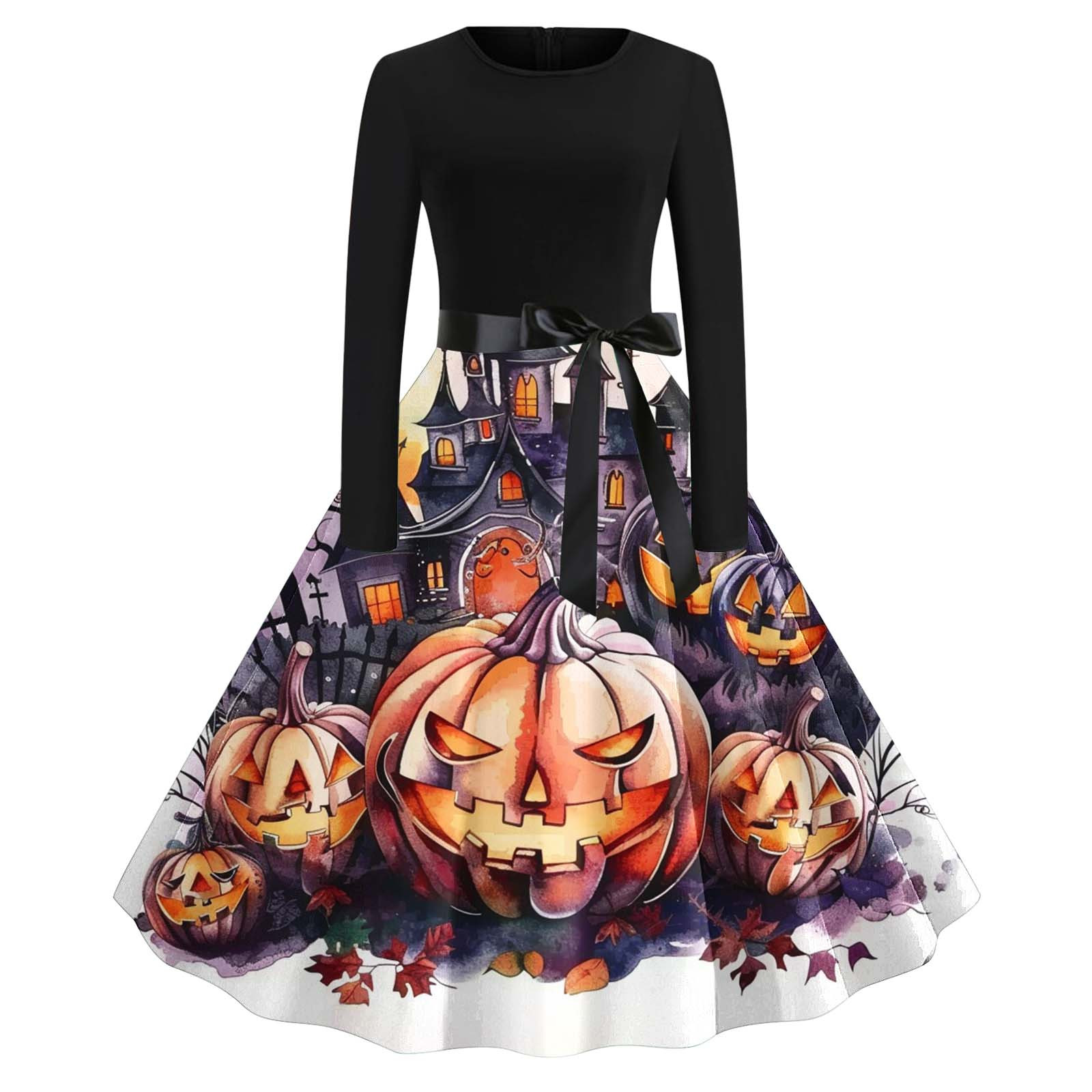 Augper Women's Retro Classic Hepburn Dress Long Sleeve Zipper Halloween