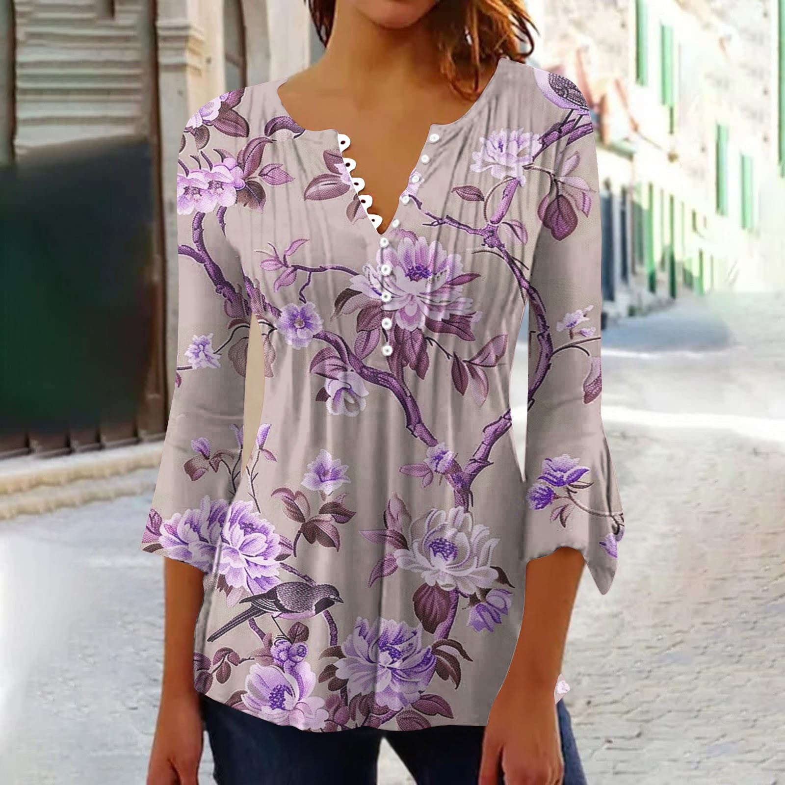 Purple Floral Print Ruffle V Neck Crop Sleeve Blouse, Women's Tops, Women's 2024 Clot