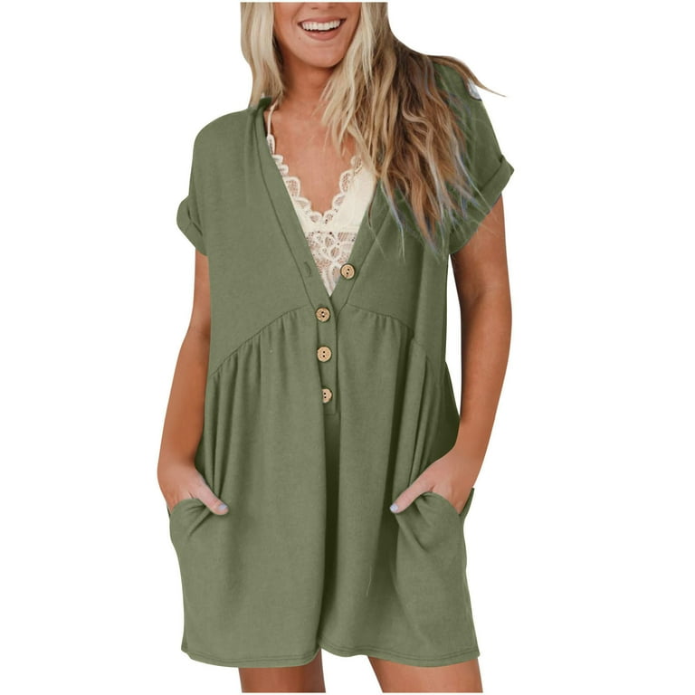 Augper Women s Summer Short Sleeve Romper Casual V Neck Wide Leg Short Jumpsuit Button Beach Rompers Outfit with Pockets Size Small Green