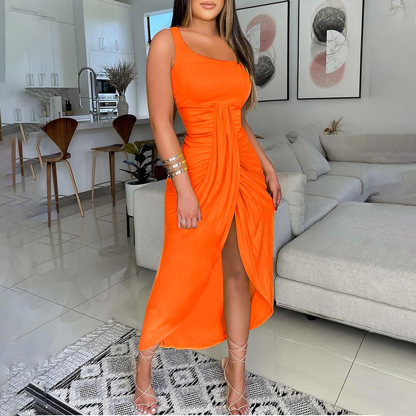 Augper Women's Summer Solid Strapless Long Dress Beach Split Dress