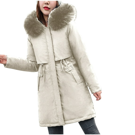 Augper Women's Warm Down Coats Hooded Mid Thickened Winter Down Jackets Faux Fur Collar Fleece Lined Puffer Parka Overcoat