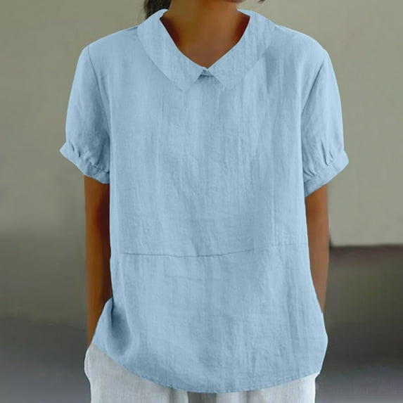 Augper Women's solid summer cotton linen loose lapel doll neck cute shirt top