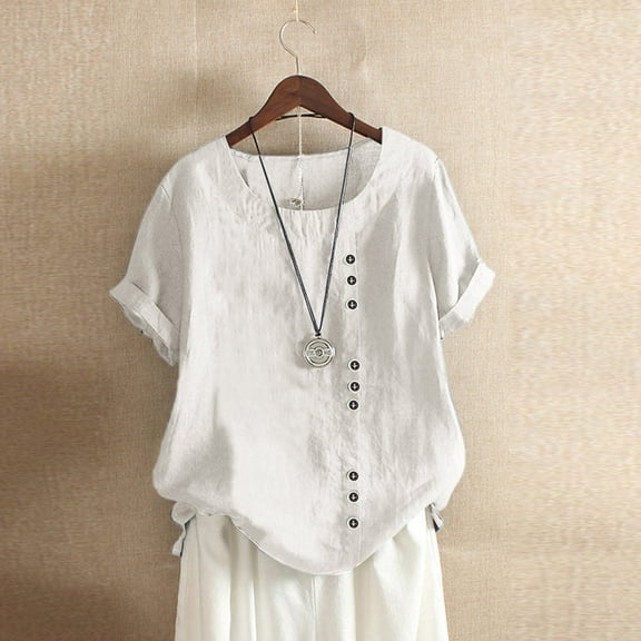 Augper Womens Casual Loose Button Linen Plus Size Daily Boho Tanic T-shirt Blouse Tops