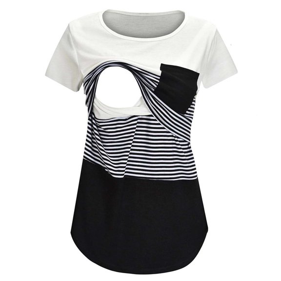 Augper Womens Nursing Stripe Round Neck Short Sleeve Round Neck Breastfeeding Blouse With Pocket