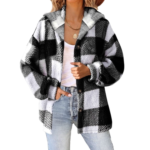 Augper Womens Plaid Shacket Jacket Long Sleeve Button Down Fleece Hooded Jackets Warm Coat