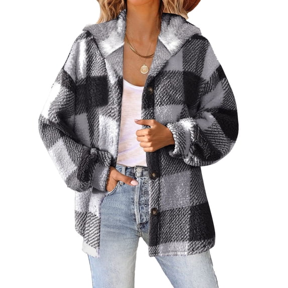Augper Womens Plaid Shacket Jacket Long Sleeve Button Down Fleece Hooded Jackets Warm Coat