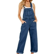 Augper Womens Vintage Long Overalls Denim Bib Summer Outdoor Distressed Jeans Streetwear Jumpsuit with Big Pockets