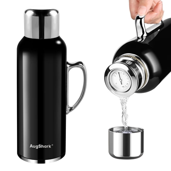 Augshark 34 oz Insulated Water Bottle, Double Wall Vacuum Stainless Steel Water Flask Jug with Handle & Metal Mechanical Temperature Measuring Cup Lid, Leakproof Travel Bottle Keep Cold 36h Hot 24h