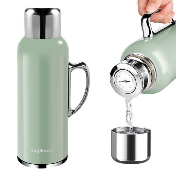 Augshark 34 oz Insulated Water Bottle, Double Wall Vacuum Stainless Steel Water Flask Jug with Handle & Metal Mechanical Temperature Measuring Cup Lid, Leakproof Travel Bottle Keep Cold 36h Hot 24h