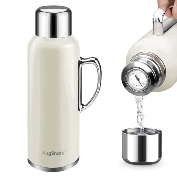Augshark 34 oz Insulated Water Bottle, Double Wall Vacuum Stainless Steel Water Flask Jug with Handle & Metal Mechanical Temperature Measuring Cup Lid, Leakproof Travel Bottle Keep Cold 36h Hot 24h