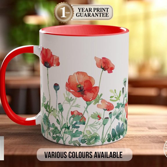 August Birth Flower Mug, Poppies, Colourful Floral Design (Various Sizes)