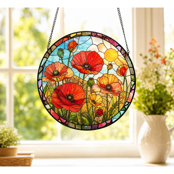 August Birth Flower Suncatcher, Personalized Poppy Window Hanging Birthday Gift