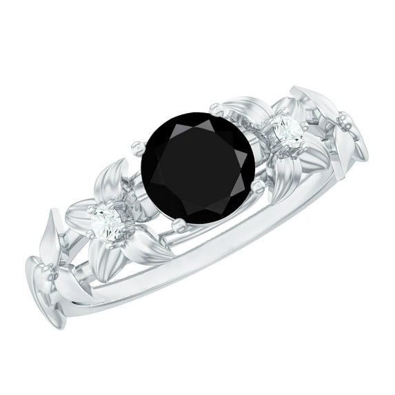 Rosec Jewels Solitaire Black Spinel Flower Engagement Ring with Diamond (8 mm, 2 Carat, AAA Quality Certified) - With Jewelry Box, 925 Sterling Silver, US 4.00