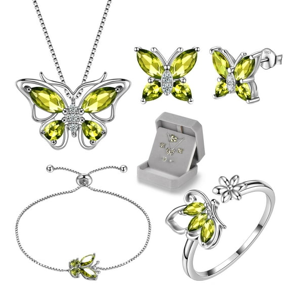 August Birthstone Jewelry Set Peridot Green Butterfly Sterling Silver Fine Necklace/Earrings/Ring/Bracelet Women Birthday Mother's Day Xmas Gifts