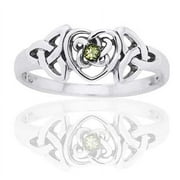 SILVER INSANITY August Birthstone Ring - Sterling Silver Simulated Peridot Glass Celtic Trinity Knot Heart