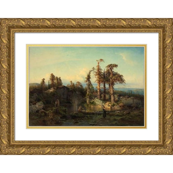 August Cappelen 14x11 Gold Ornate Wood Frame and Double Matted Museum Art Print Titled - Tarn in Telemark (1852)