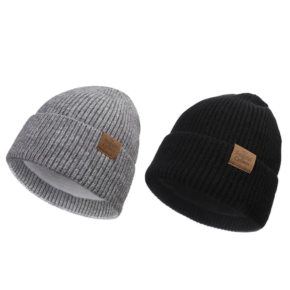 August Crown Winter Beanie for Men Women - Black & Gray, Fleece Lined with Thermal Inner Lining, Soft Warm Knit Hat