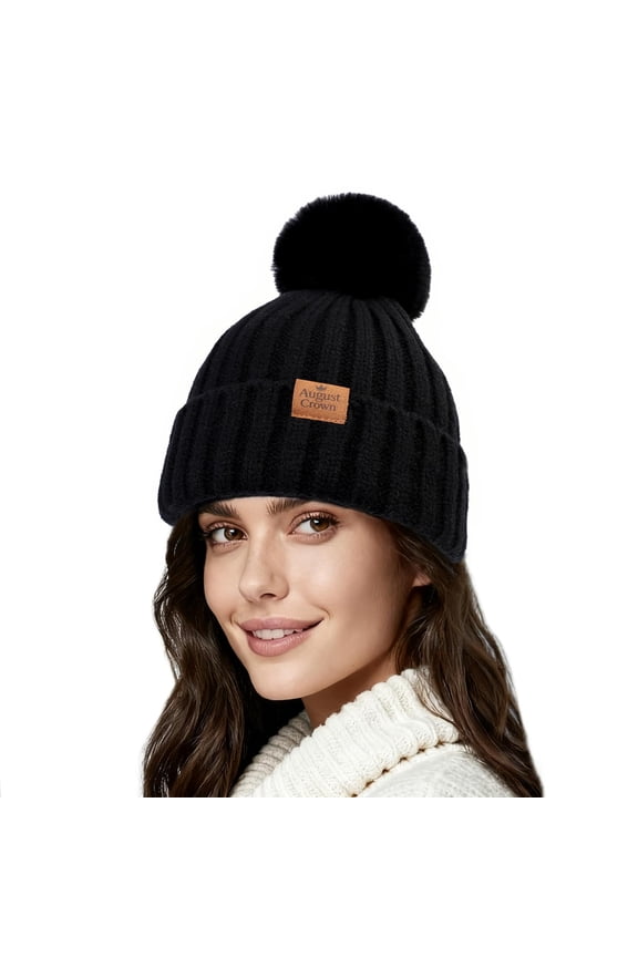 Women's Winter Knitted Beanie Hat with Faux Fur Pom Pom - Black (1 Pack) - Warm Skull Cap for Cold Weather