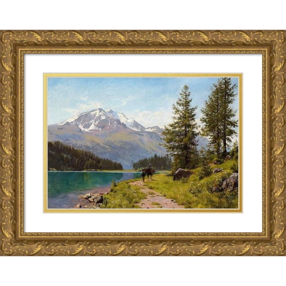 August Fischer 24x17 Gold Ornate Framed and Double Matted Museum Art Print Titled - A Summer Day at Silssoen in Switzerland (1889)