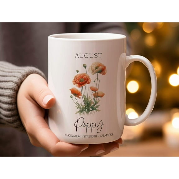 August Flowers Poppy Mug, Month Flower Mug, August Birthday Gift, Imagination Strength Calmness