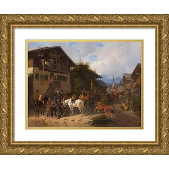 August Franz Schelver 24x19 Gold Ornate Framed and Double Matted Museum Art Print Titled - Horse Market in Partenkirchen (1837)