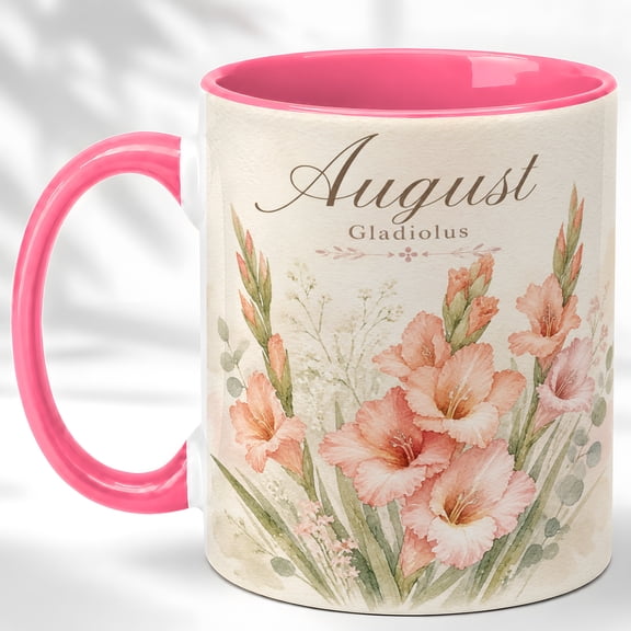 August Girl Coffee Mug, Gladiolus Birth Month Flower Cup, Watercolor Floral Birthday Gift for Her, Botanical Design, Ceramic 11 Oz Mug