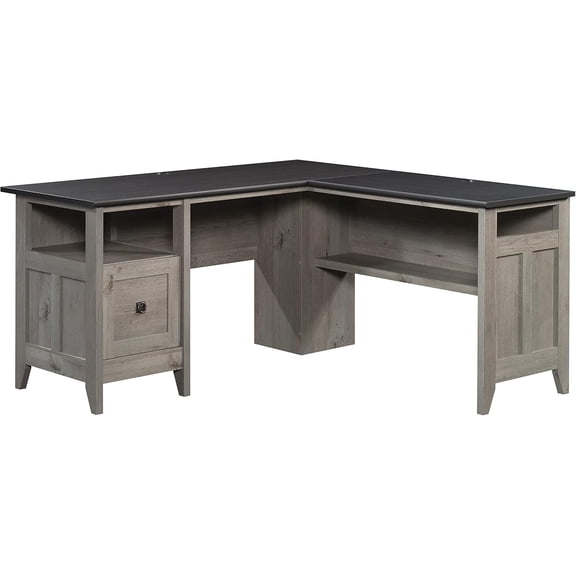 August Hill L-Shaped Home Office Desk, Farmhouse Corner Desk with File Drawer, Cable Management, Mystic Oak Finish