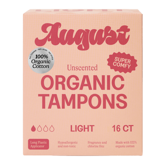 August Organic Cotton Tampons, Light, No-Fuss Applicators, 16 Count