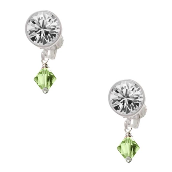 August - Lime Green Crystal Bicone Clear Crystal Clip On Earrings